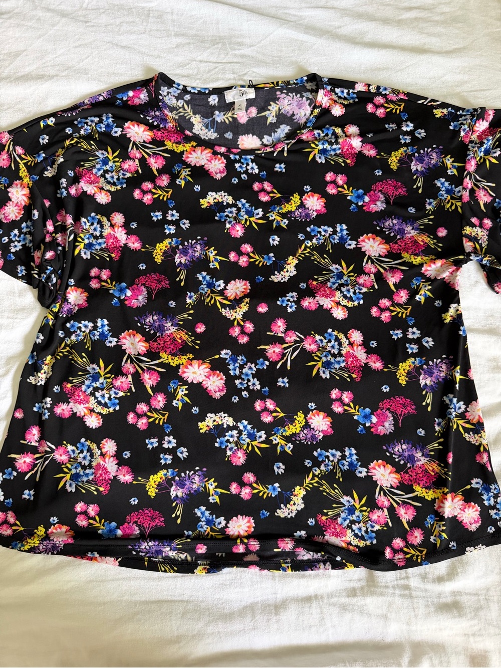 Floral Crewneck Women’s Top in Black with Pink & Blue Flowers
